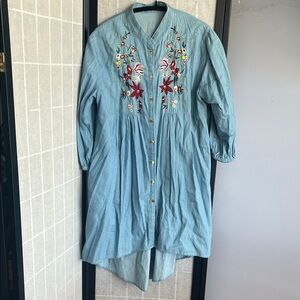 Embroidered Denim Dress with Floral Design